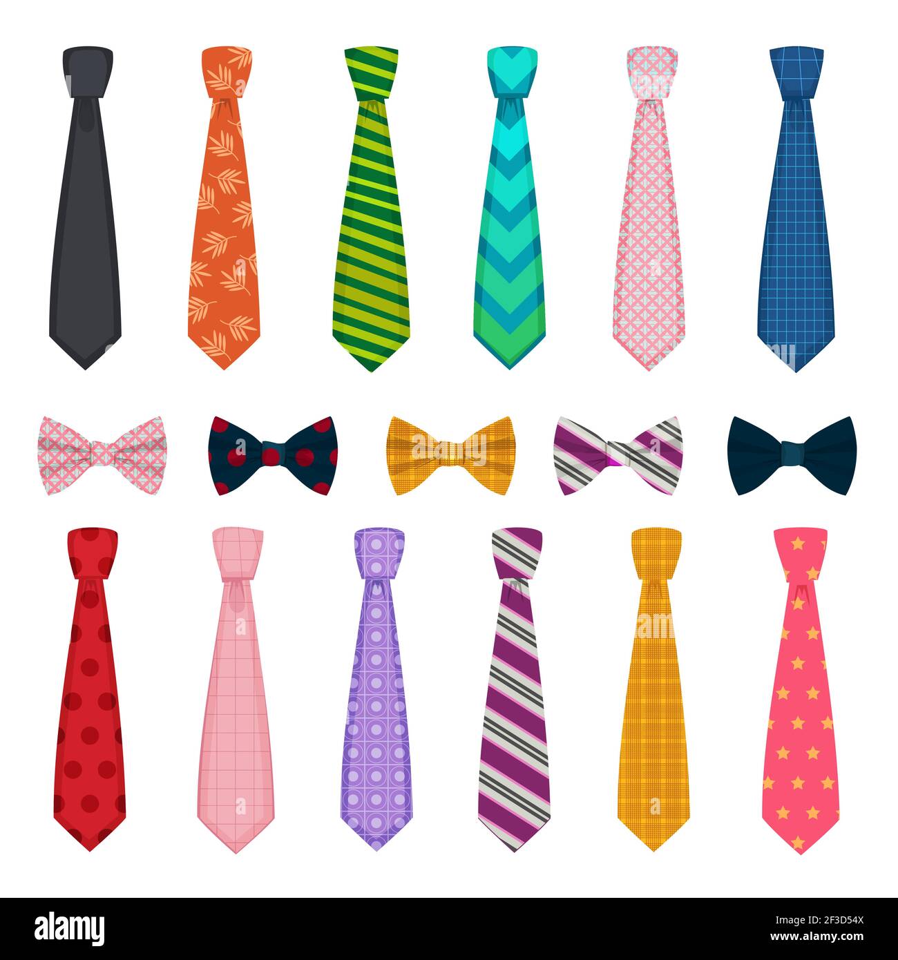 Krawatte und Schleifen. Farbige Mode Kleidung Accessoires für Männer Hemden Anzüge Vektor Kollektionen von Krawatten Stock Vektor