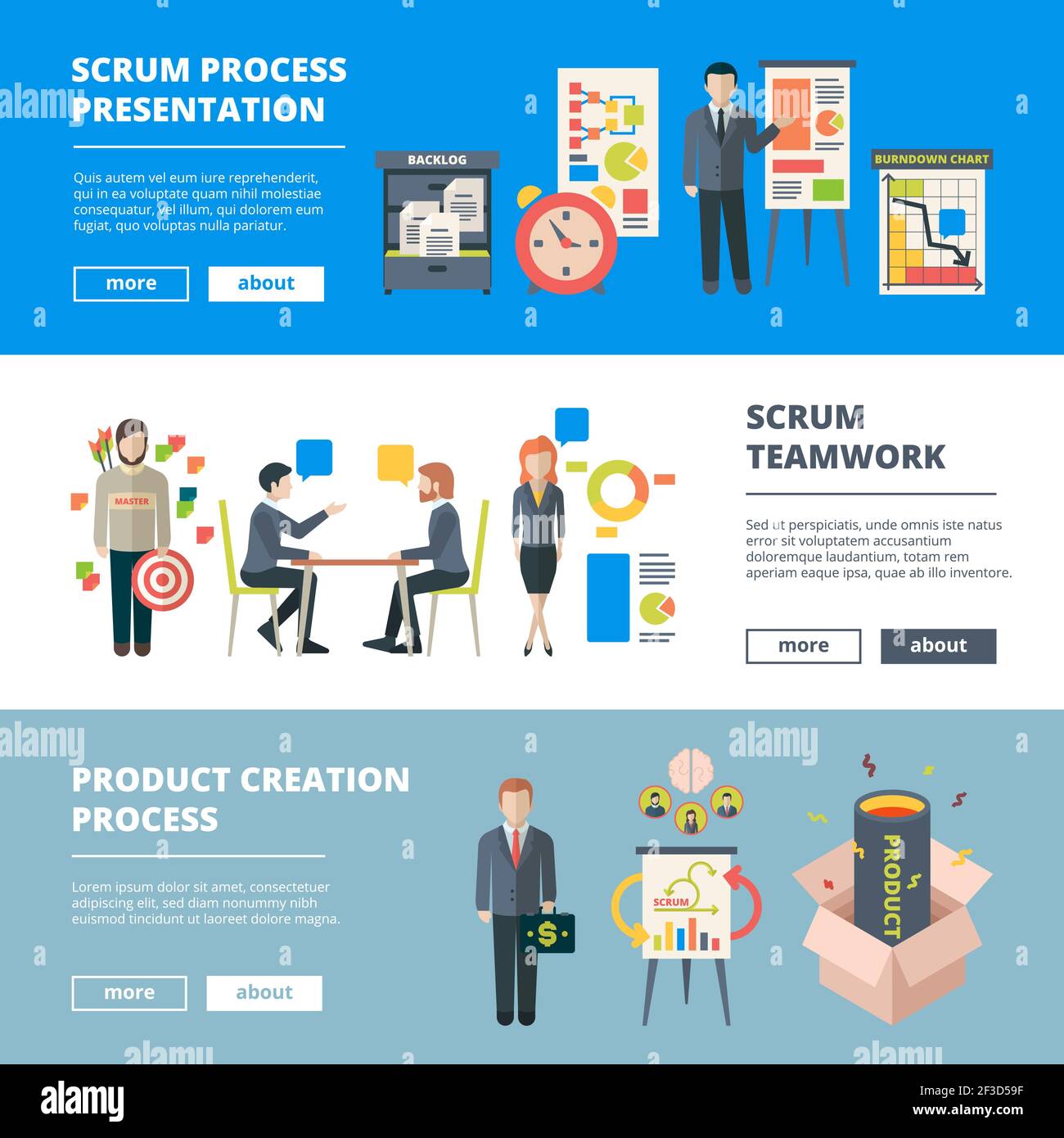 Scrum-Prozesse. Teamwork agile Sprints Software Produktion Zusammenarbeit Projekt Zeitmanagement Vektor horizontale Banner Stock Vektor