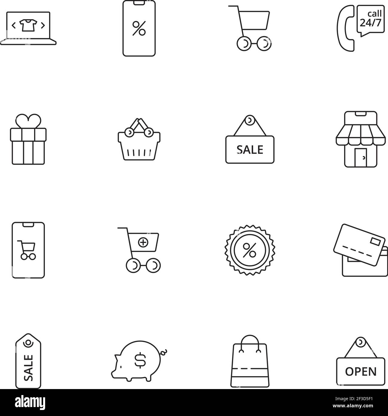 E-Commerce-Symbol. Business Shopping Kauf Einzelhandel Piktogramme Markt Tags Vektor dünne Linie Symbole Stock Vektor