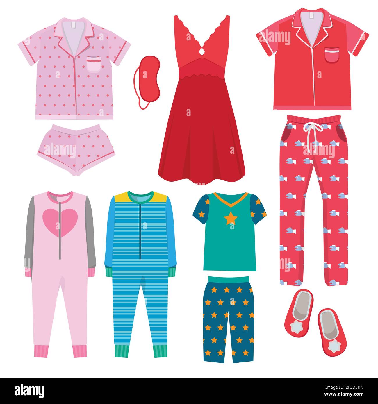 Schlafanzug. Textil-Nachtwäsche für Kinder und Eltern Schlafbekleidung Schlafengehen Pyjamas Vektor farbige Bilder Stock Vektor