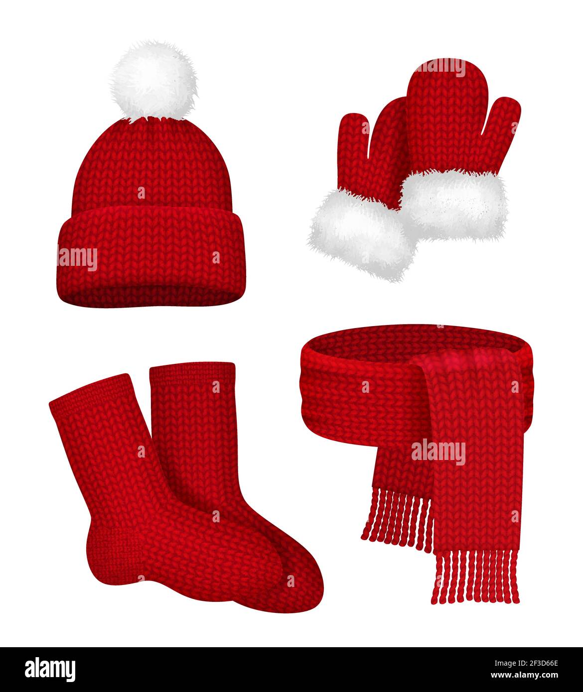 Winterkleidung. Schal Fäustlinge Strumpf Schnee Hut mit Fell Saison Mode rot weihnachten Kleidung Vektor realistische Vorlage Stock Vektor