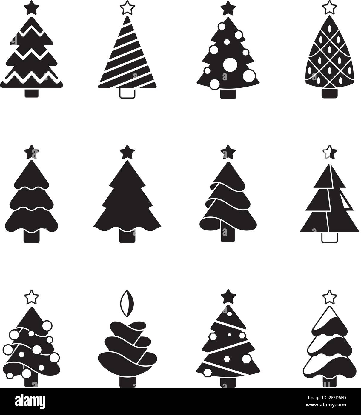 Weihnachtsbaum-Ikone. Natur Feier Symbole Bäume mit Geschenken und Spielzeug stilisierte Silhouetten Vektor-Set dekoriert Stock Vektor