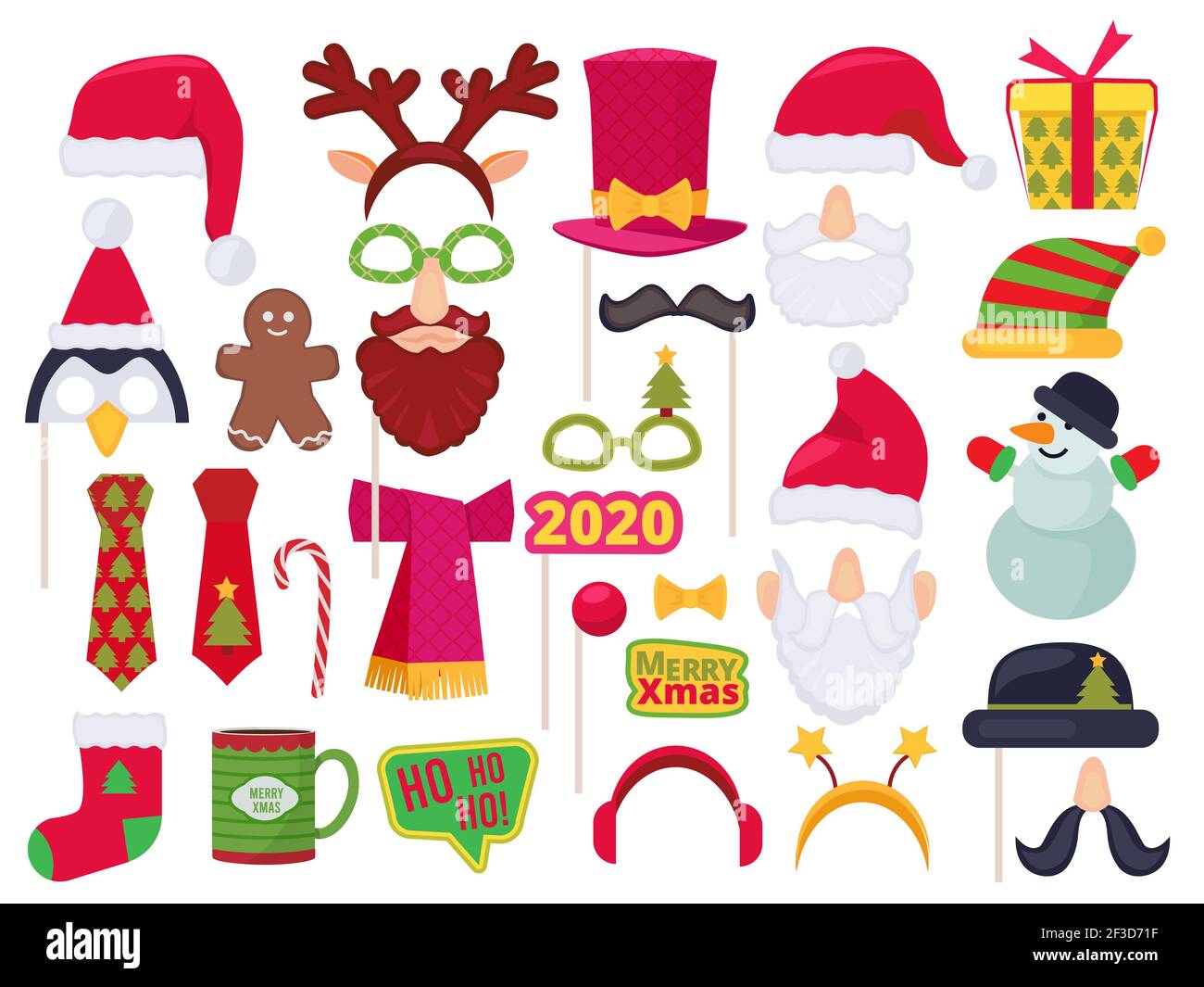 Weihnachtsstand. Urlaub lustige Charaktere Kostüme und Hüte für Foto-Session-Party maskiert santa Schneemann Elf Vektor Stock Vektor