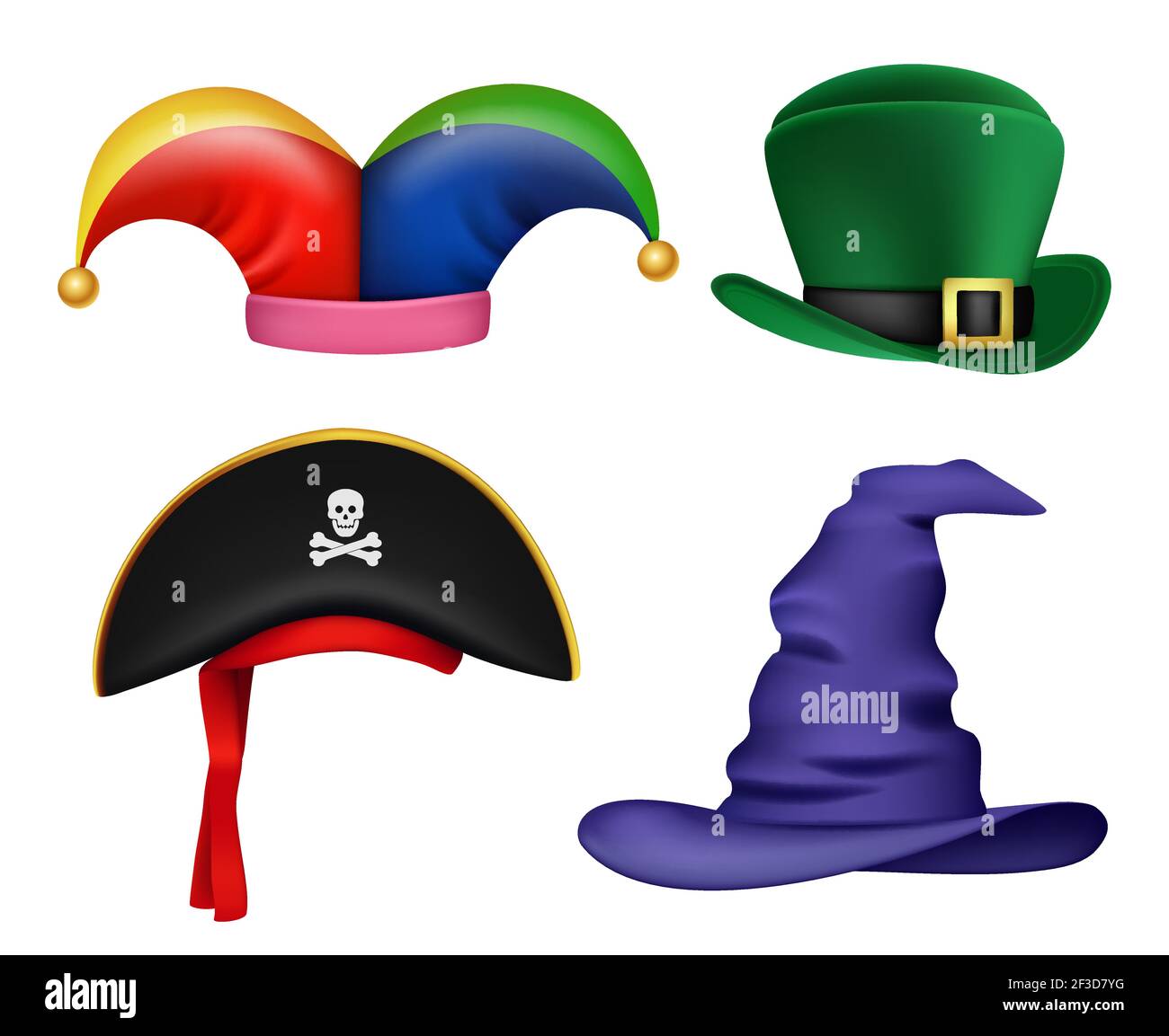 Maskerade Hüte. Lustige farbige Kostüme und Masken Kleidung Elemente für Party Feier Vektor realistische Sammlung Stock Vektor
