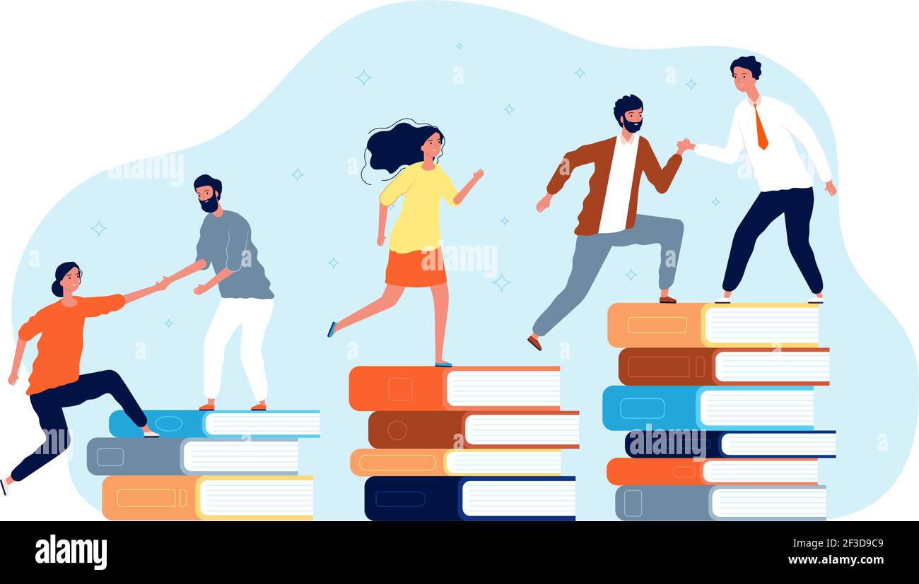 Kletterbücher. Die Leute in der Bibliothek gehen nach oben. Vektorkonzept für den Bildungsbereich Stock Vektor