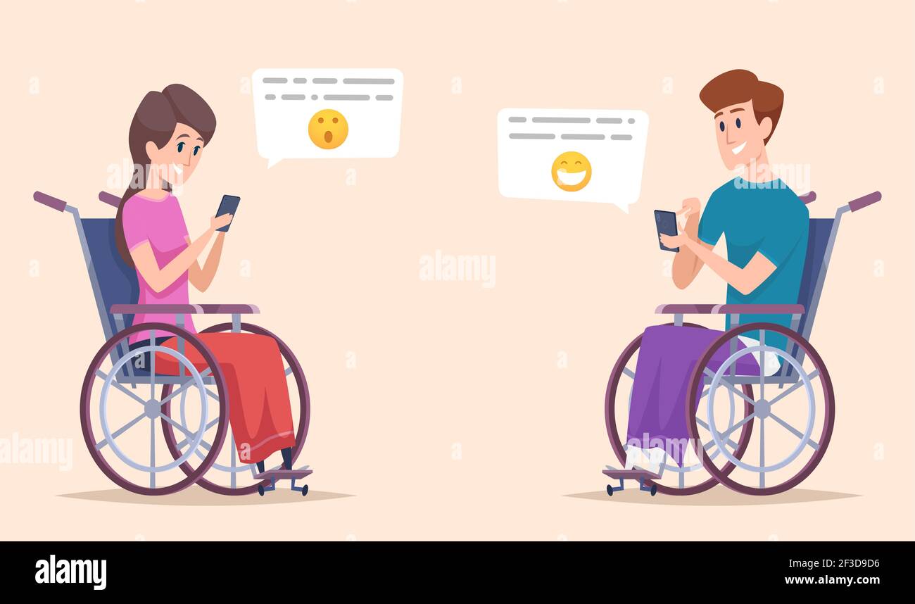 Behinderte Person online. Behinderung Zeichen aus und chatten online Smartphone Behinderte Vektor Illustration Stock Vektor