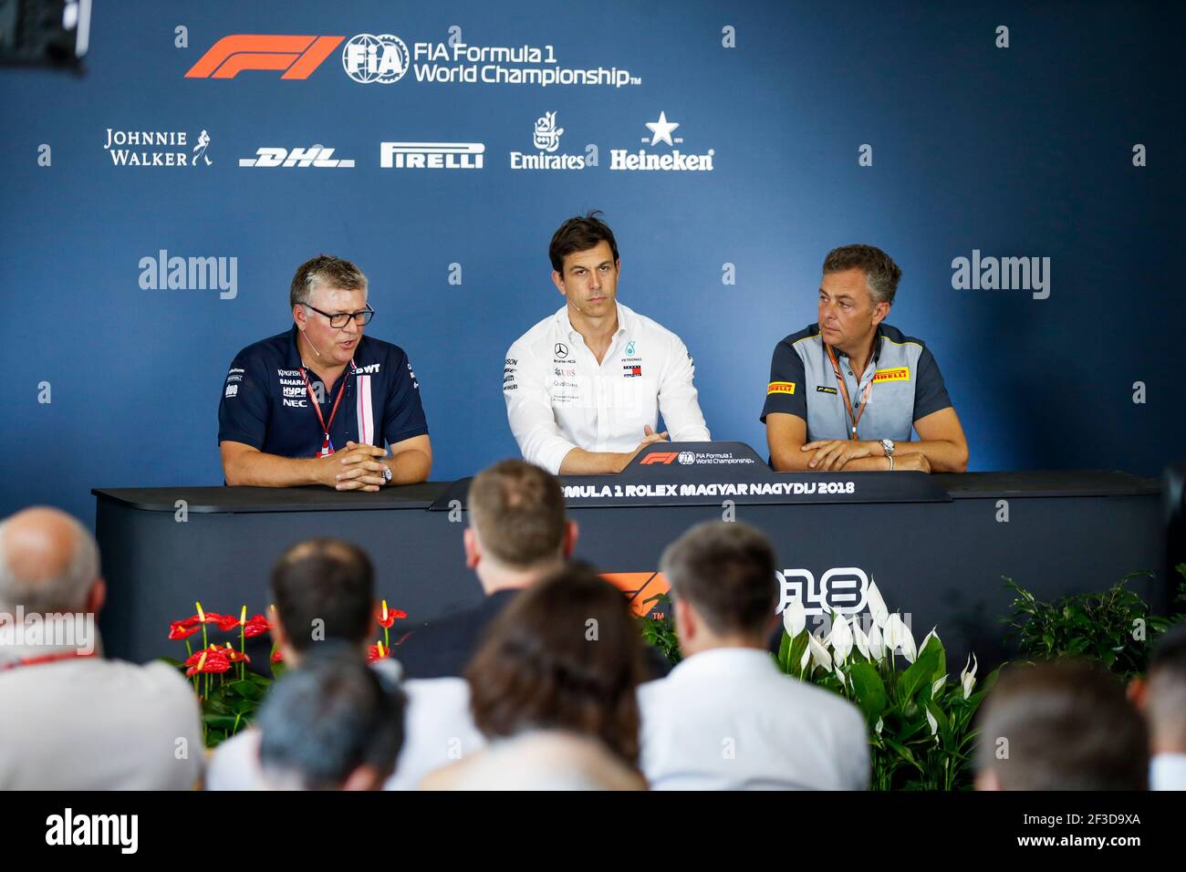 Pressekonferenz. FERNLEY Robert (gbr), Deputy Team Principal Force India F1, WOLFF Toto (aut), Team Principal & CEO Mercedes AMG F1 Petronas GP, ISOLA Mario (ita), Motorsport Racing Manager von Pirelli, Portrait während der Formel 1 Weltmeisterschaft 2018, Grand Prix von Ungarn vom 26. Bis 29. Juli, Hungaroring, Budapest - Foto Florent Gooden / DPPI Stockfoto