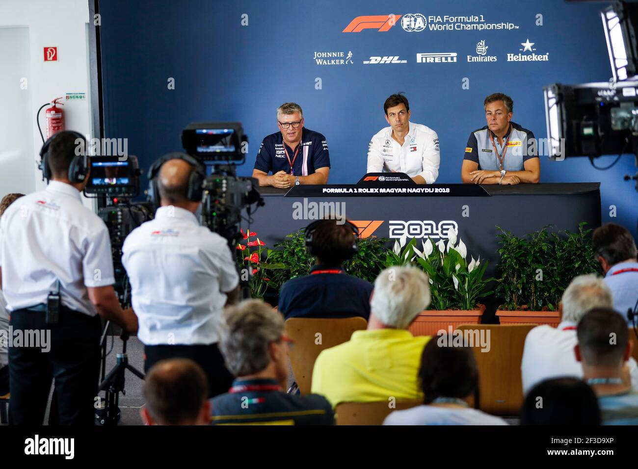 Pressekonferenz. FERNLEY Robert (gbr), Deputy Team Principal Force India F1, WOLFF Toto (aut), Team Principal & CEO Mercedes AMG F1 Petronas GP, ISOLA Mario (ita), Motorsport Racing Manager von Pirelli, Portrait während der Formel 1 Weltmeisterschaft 2018, Grand Prix von Ungarn vom 26. Bis 29. Juli, Hungaroring, Budapest - Foto Florent Gooden / DPPI Stockfoto