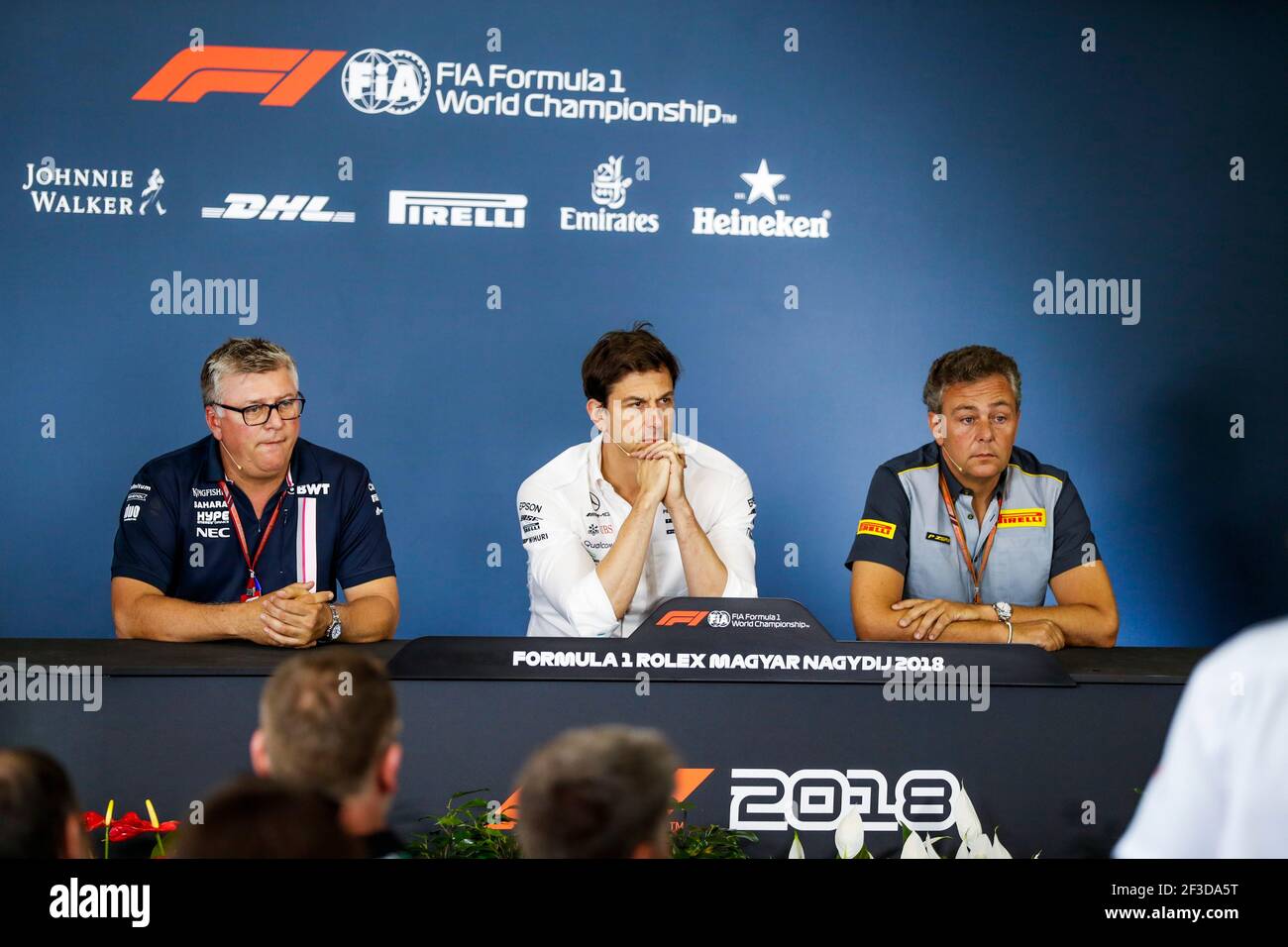 Pressekonferenz. FERNLEY Robert (gbr), Deputy Team Principal Force India F1, WOLFF Toto (aut), Team Principal & CEO Mercedes AMG F1 Petronas GP, ISOLA Mario (ita), Motorsport Racing Manager von Pirelli, Portrait während der Formel 1 Weltmeisterschaft 2018, Grand Prix von Ungarn vom 26. Bis 29. Juli, Hungaroring, Budapest - Foto Florent Gooden / DPPI Stockfoto