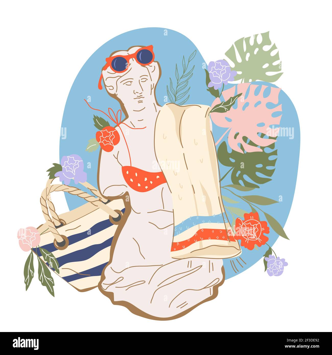 Sommer-Banner oder Print-Design mit griechischen Venus mit Strand liefert, flache Vektor-Illustration isoliert auf weißem Hintergrund. Stock Vektor