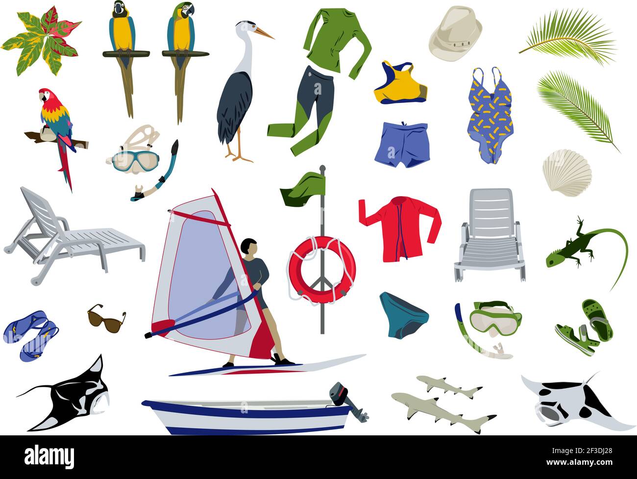 Sommer Artikel großen Satz auf weißem Hintergrund. Design-Elemente für die Weihnachtszeit. Handgezeichnete Kollektion. Schwimmbekleidung, aktives Abenteuer, tropische Tiere und Pflanzen, Strandobjekte. Isolierte Vektordarstellung. Stock Vektor