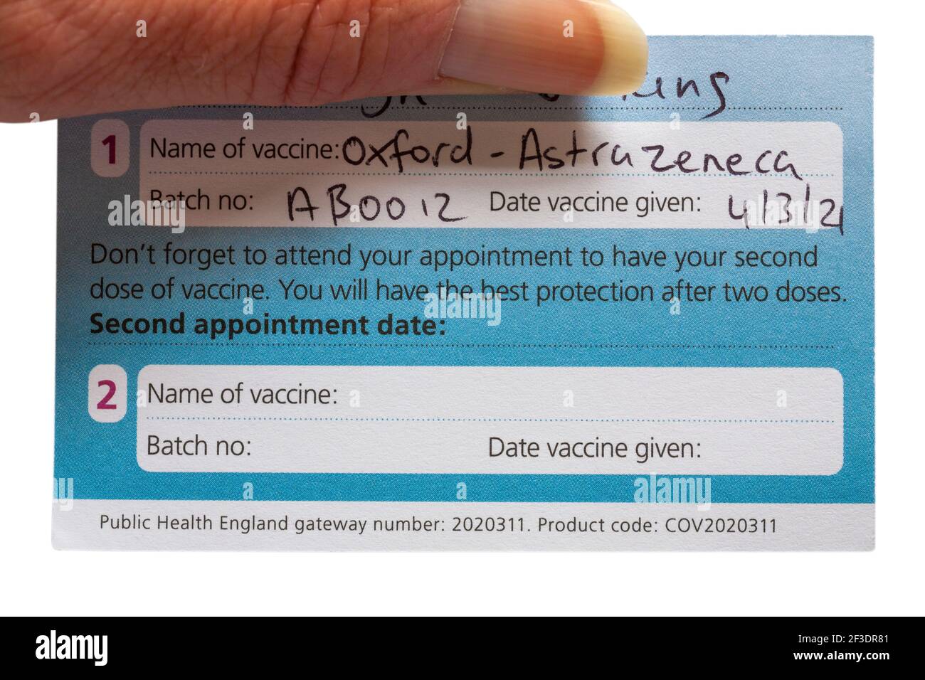Vom NHS ausgestellte COVID-19-Impfkarte für Oxford AstraZeneca-Impfstoff, Oxford Astra Zeneca-Impfstoff Stockfoto