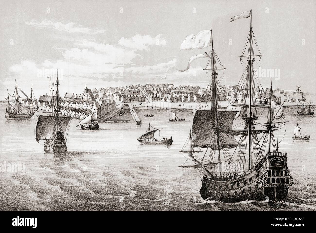 19th. Jahrhundert Kopie eines 17th. Jahrhunderts Gravur von New Amsterdam, als es von den Holländern kontrolliert wurde, und vor dem Vertrag von Breda von 1667, der den Zweiten Anglo-Niederländischen Krieg beendete und New Amsterdam an die Briten verlieh, die es New York umbenannten. Stockfoto