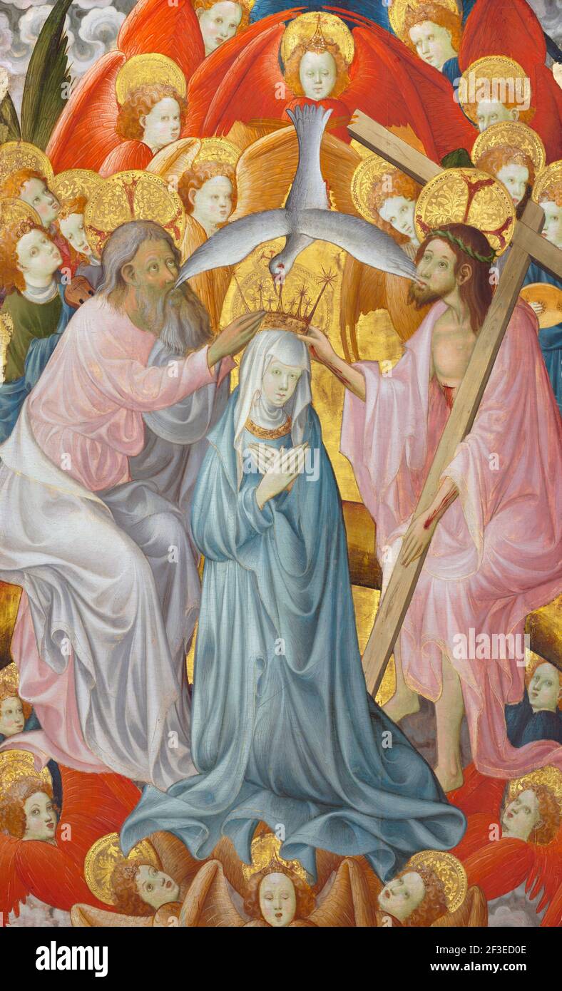 Die Krönung der Jungfrau mit der Dreifaltigkeit durch den Meister von Rubielos de Mora, um 1400 Stockfoto