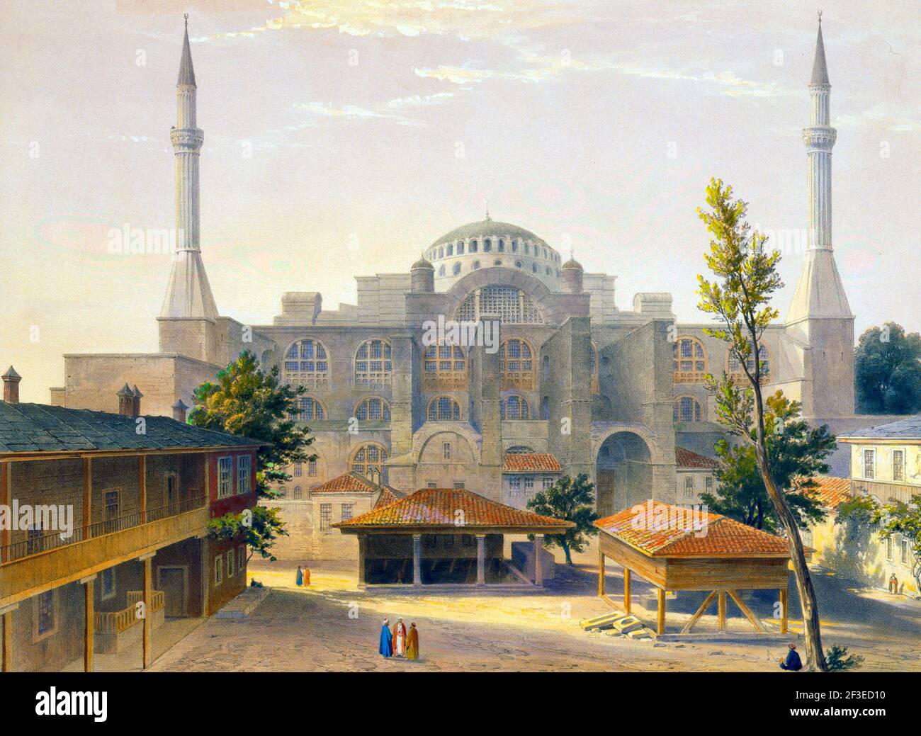 Das Bild zeigt den Madrasah-Hof und das Äußere der Ayasofya-Moschee, früher die Kirche der Hagia Sophia, antike griechische Wasserspiele im Vordergrund; mit Gruppen von Männern in traditioneller Kleidung - Gaspare Fossati, 1852 Stockfoto