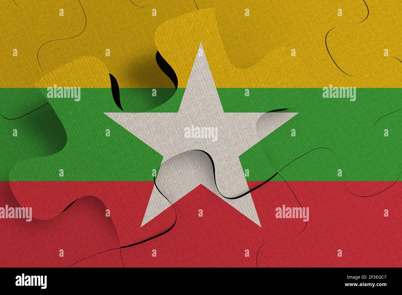 Zusammensetzung des Konzepts der Krise und Integration von a LAND MYANMAR FLAGGE GEMALT AUF PUZZLE 3D RENDER Stockfoto