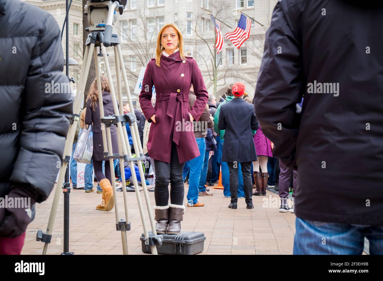 Fernsehreporterin steht auf einem Pelikanfall und wartet darauf, live zu gehen. Bei Präsident Donald Trumps Amtseinführung 2017 in Washington D.C. Stockfoto