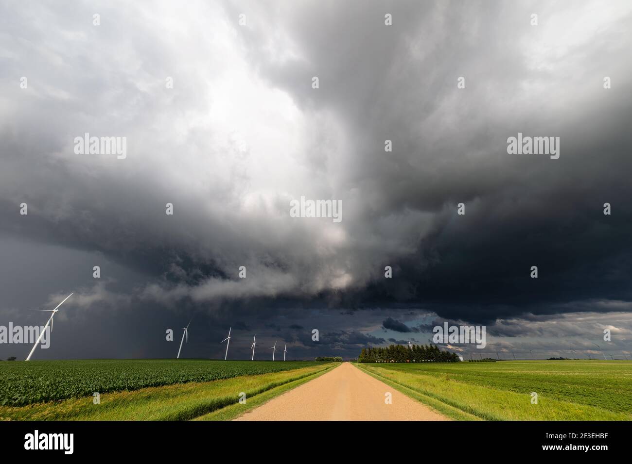 Dramatische Sturmwolken über einer unbefestigten Straße und einem Farmfeld in der Nähe von Northwood, Minnesota Stockfoto