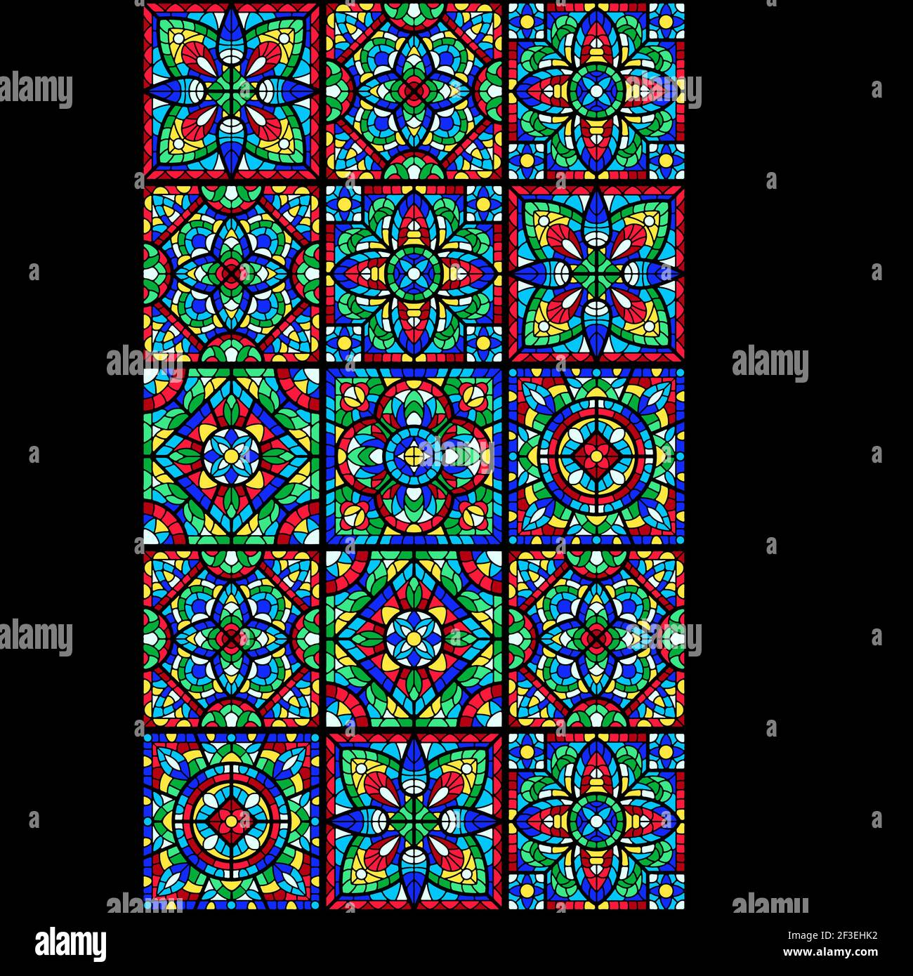 Buntglasfenster mit farbigem Stück. Dekoratives Keramikfliesen-Muster. Stock Vektor