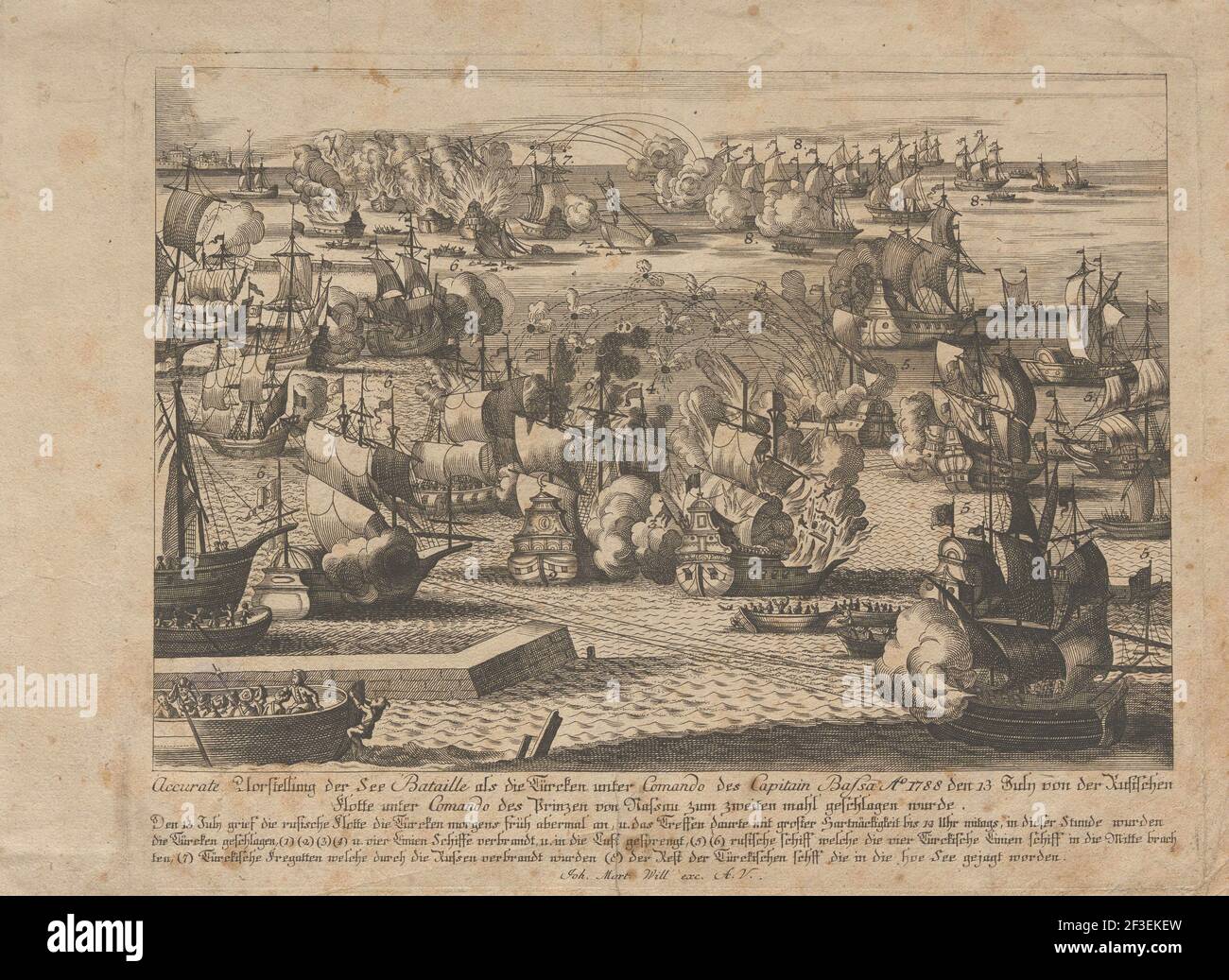 Seeschlacht zwischen der russischen und osmanischen Flotte am 13. Juli 1788, 1788. Private Sammlung. Stockfoto