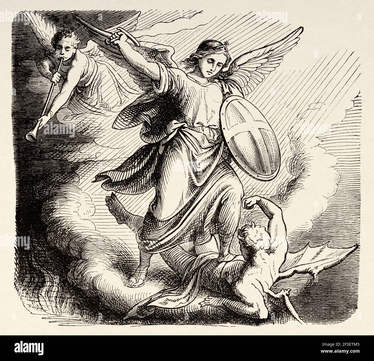 Erschaffung der Engel. Gott schuf die Engel. Altes Testament, Alte 19th Jahrhundert gravierte Illustration aus der Geschichte der Bibel 1883 Stockfoto