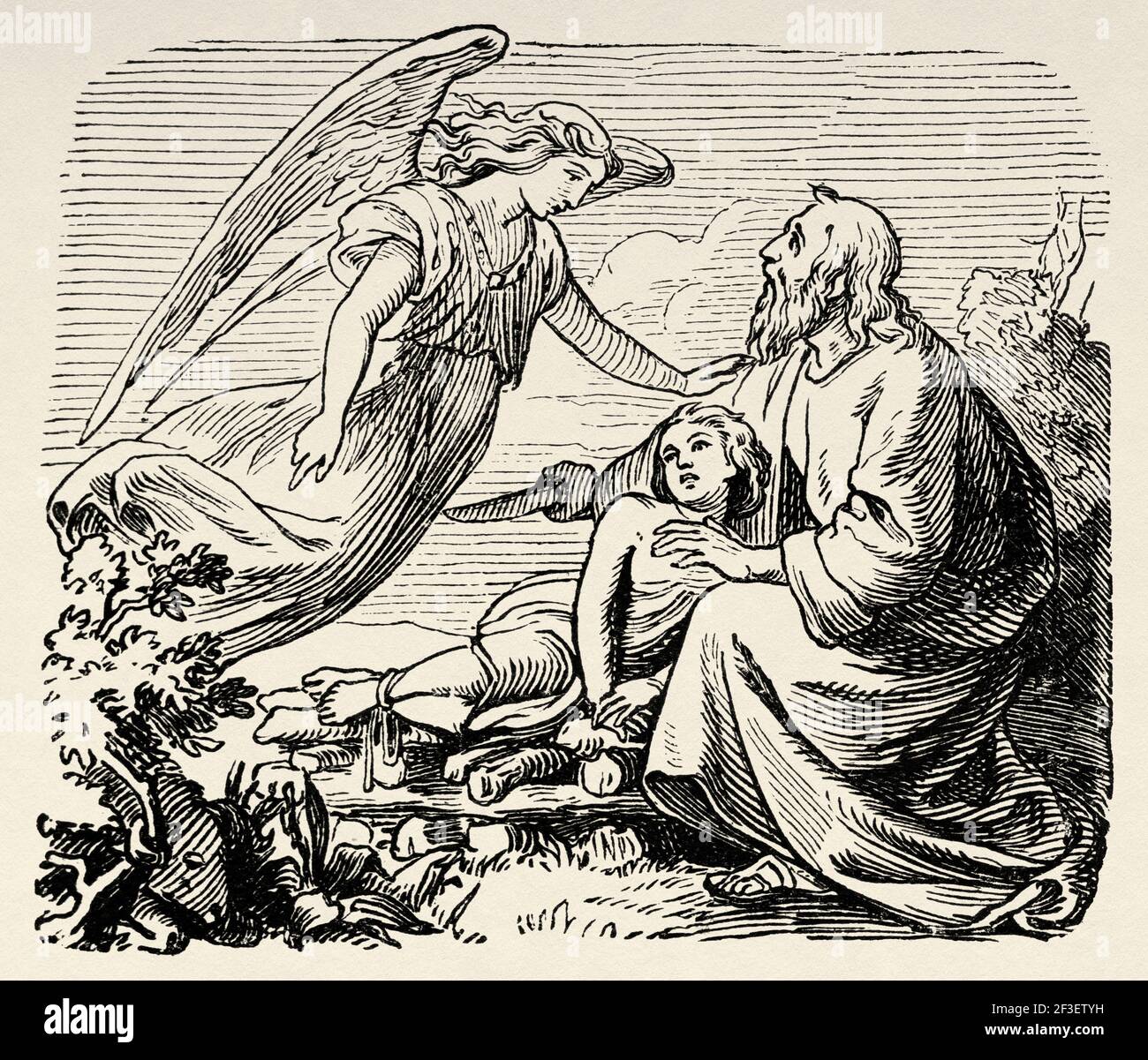 Das Opfer Isaaks durch seinen Vater Abraham. Altes Testament, Alte 19th Jahrhundert gravierte Illustration aus der Geschichte der Bibel 1883 Stockfoto