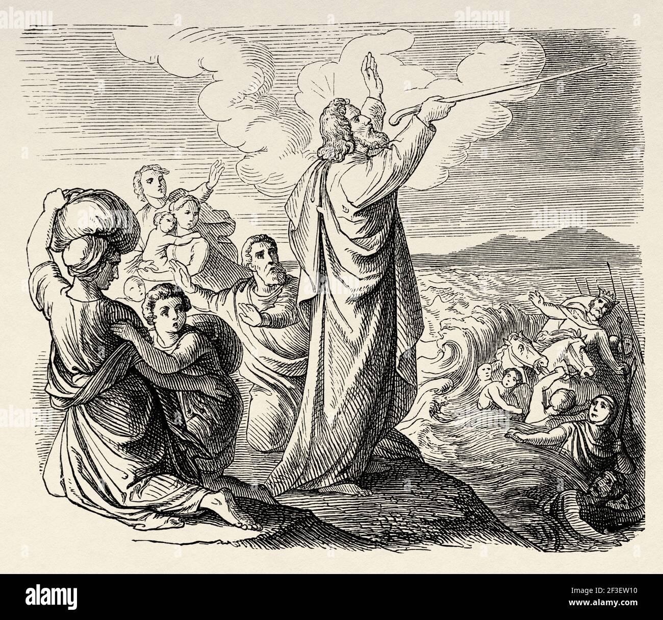 Exodus. Moses führt sein Volk durch den Durchgang des Roten Meeres, die Ägypter ertrinken in den nahen Gewässern. Altes Testament, Alte 19th Jahrhundert gravierte Illustration aus der Geschichte der Bibel 1883 Stockfoto