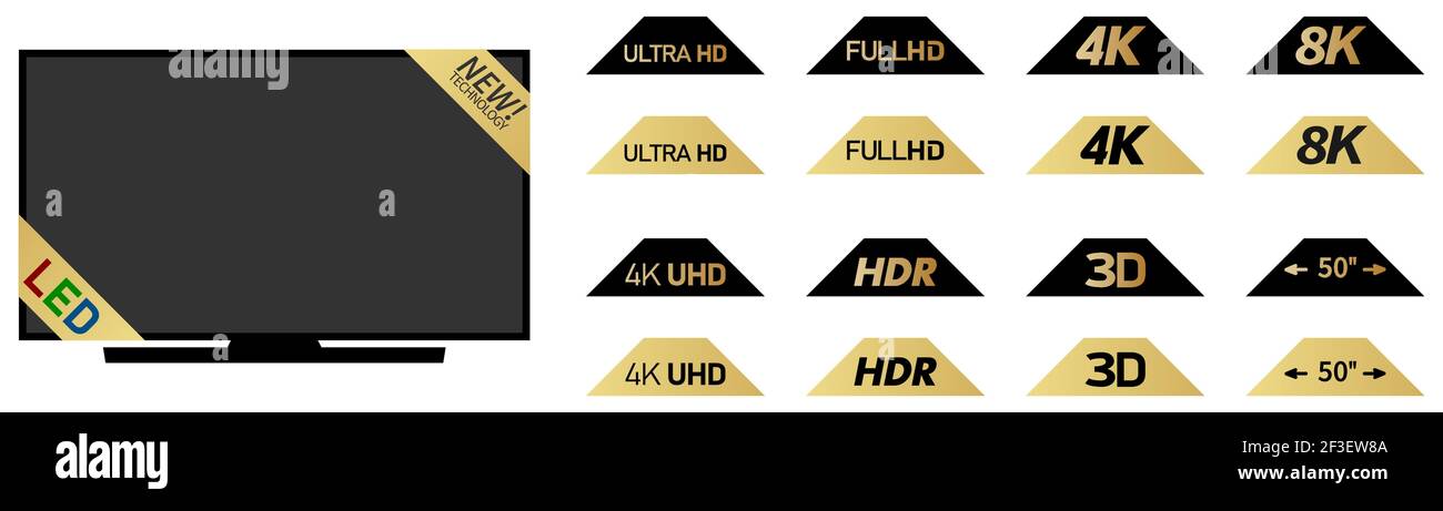 Schwarze oder goldene Etiketten mit Display tv-Auflösung und einfach tv-Modell Stock Vektor