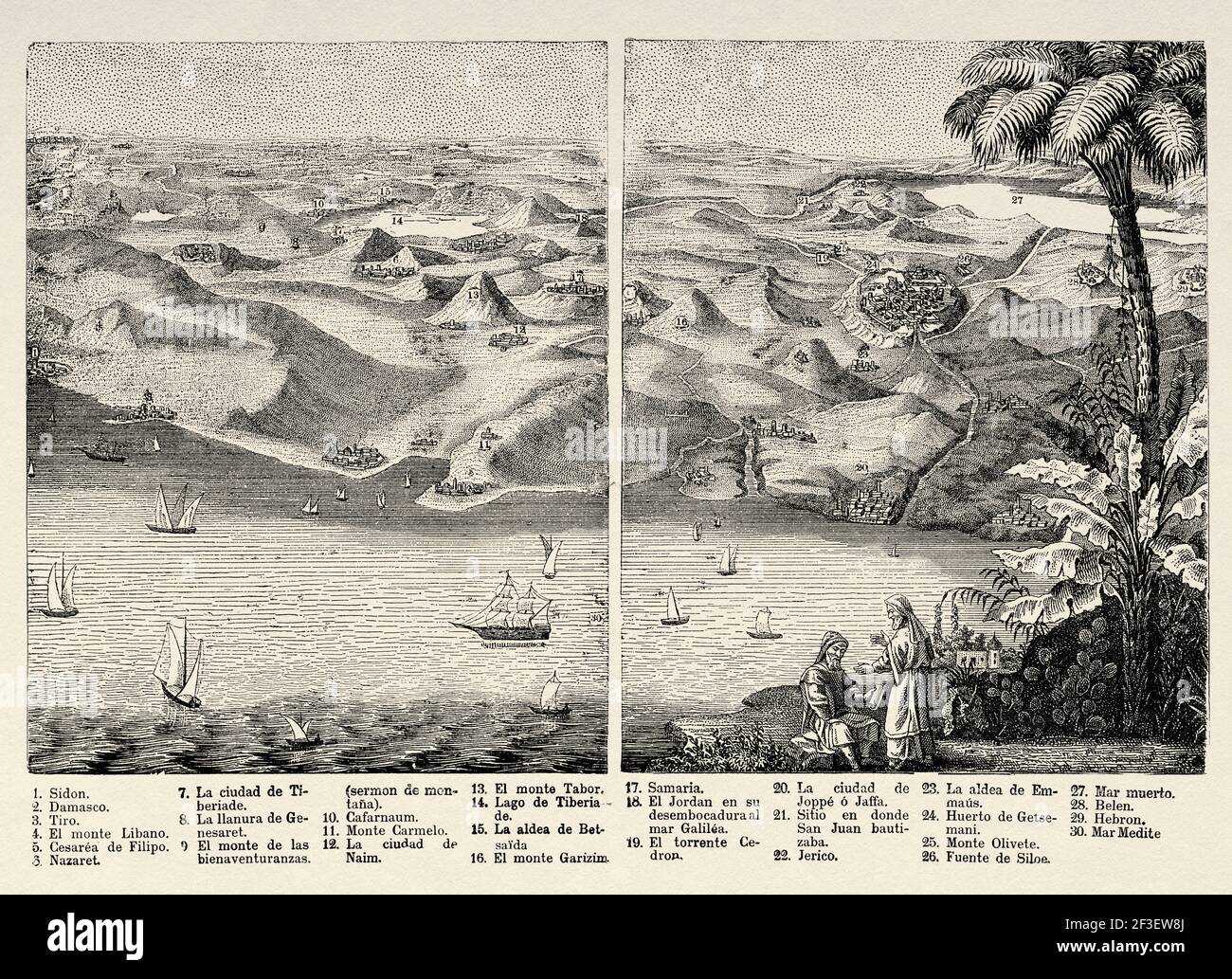 Alte Karte von Israel. Karte des Heiligen Landes. Alte 19th Jahrhundert gravierte Illustration 