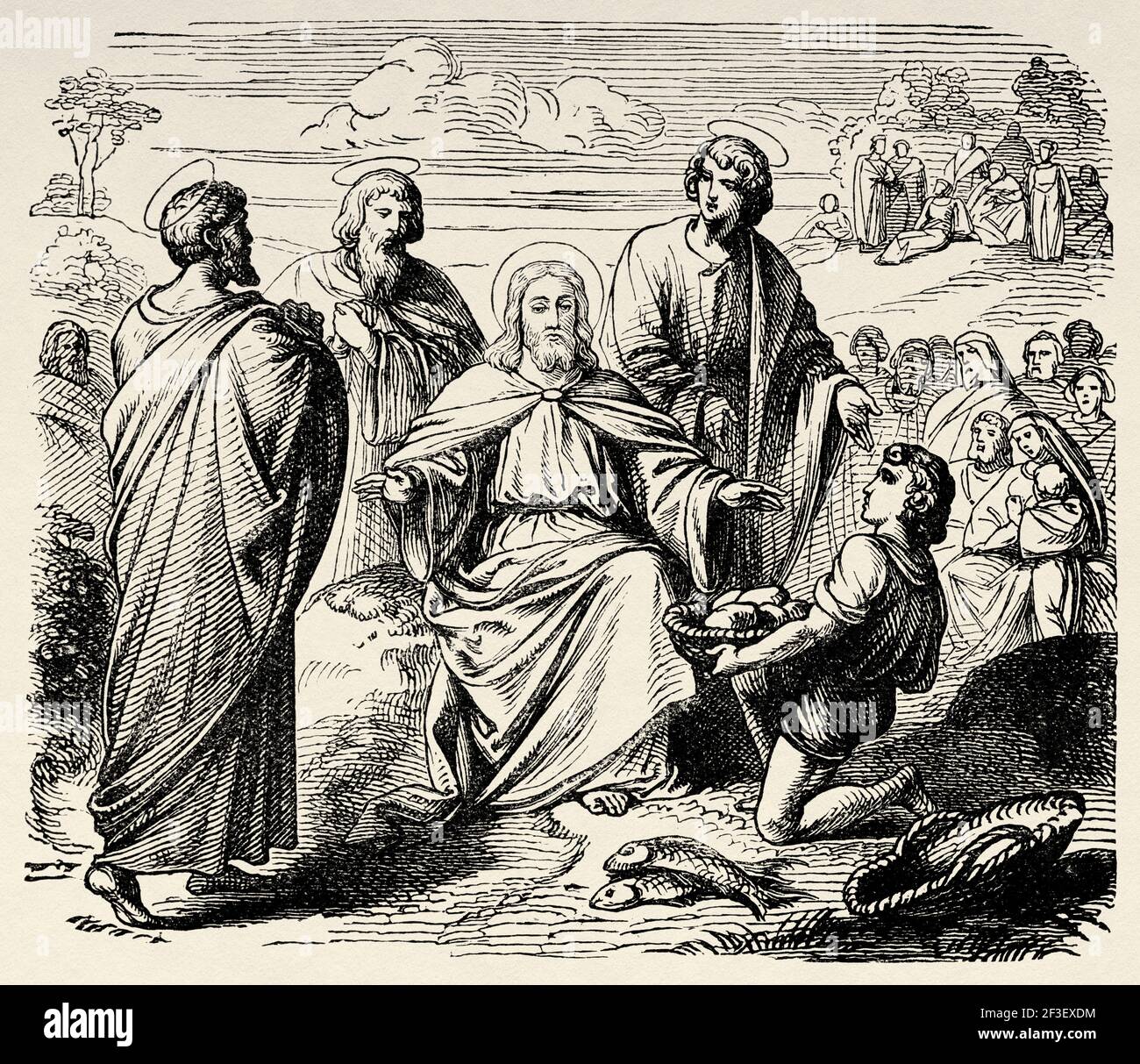 Das Wunder der fünf Brote und zwei Fische. Neues Testament, Alte 19th Jahrhundert gravierte Illustration aus der Geschichte der Bibel 1883 Stockfoto