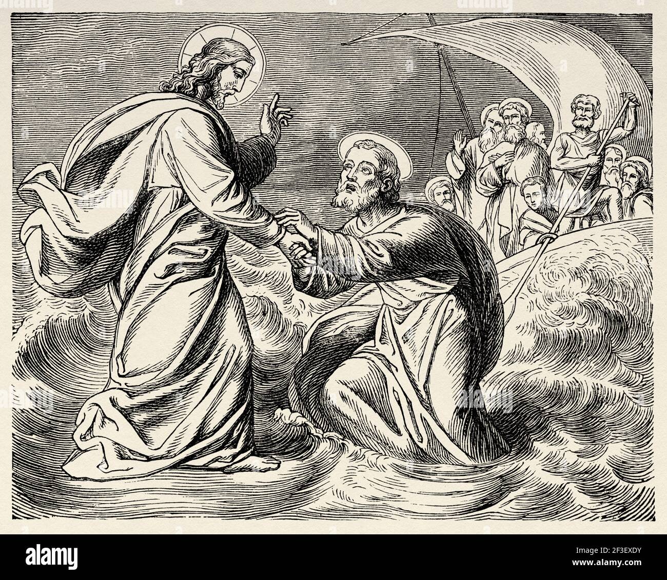 Jesus geht auf dem Meer. Neues Testament, Alte 19th Jahrhundert gravierte Illustration aus der Geschichte der Bibel 1883 Stockfoto