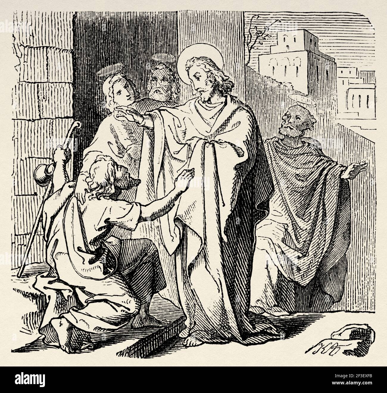 Jesus heilt einen Blinden. Neues Testament, Alte 19th Jahrhundert gravierte Illustration aus der Geschichte der Bibel 1883 Stockfoto