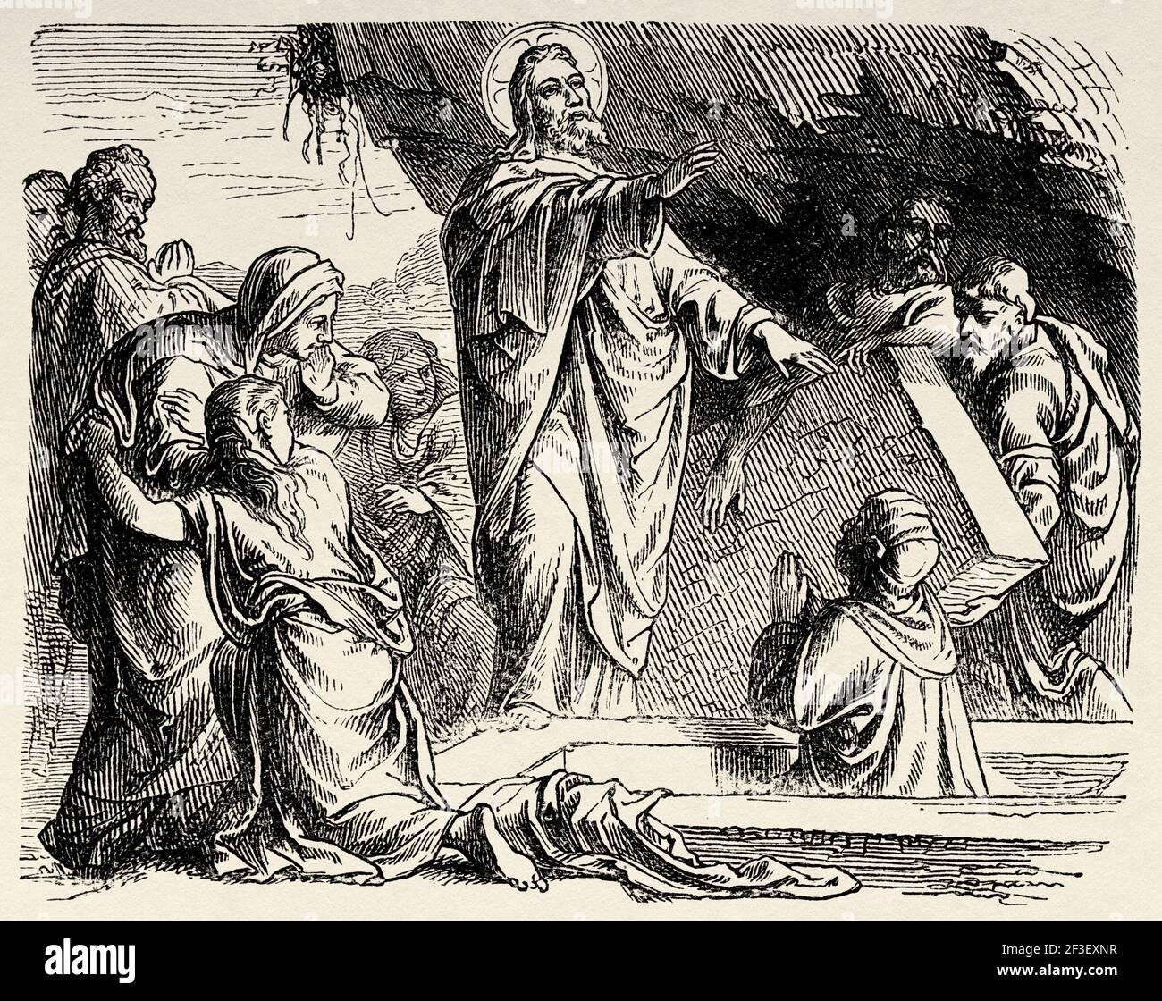 Die Auferstehung des Lazarus, Lazarus von Bethanien, auch als Heiliger Lazarus bekannt. Neues Testament, Alte 19th Jahrhundert gravierte Illustration aus der Geschichte der Bibel 1883 Stockfoto