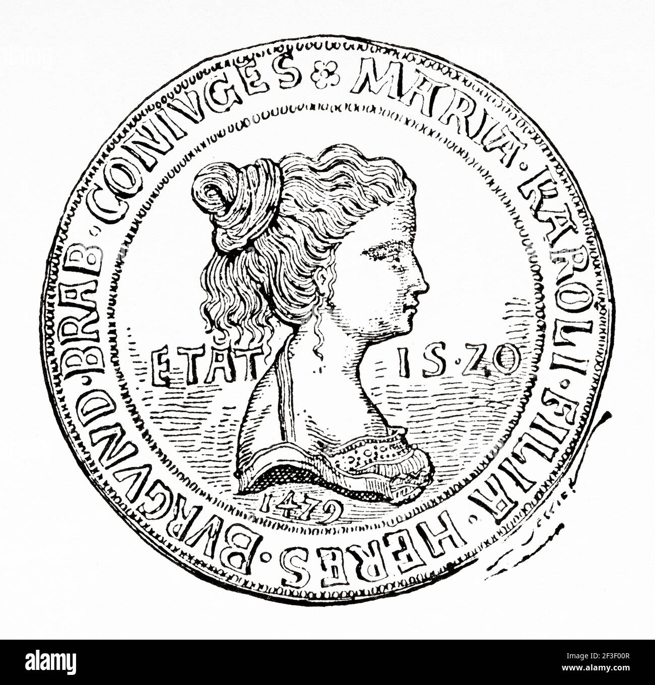 Medaille auf die Hochzeit von Maximilian von Österreich und Maria von Burgund, Europa. Alte 19th Jahrhundert gravierte Illustration von Histoires de l'Ancien Temps 1889 Stockfoto