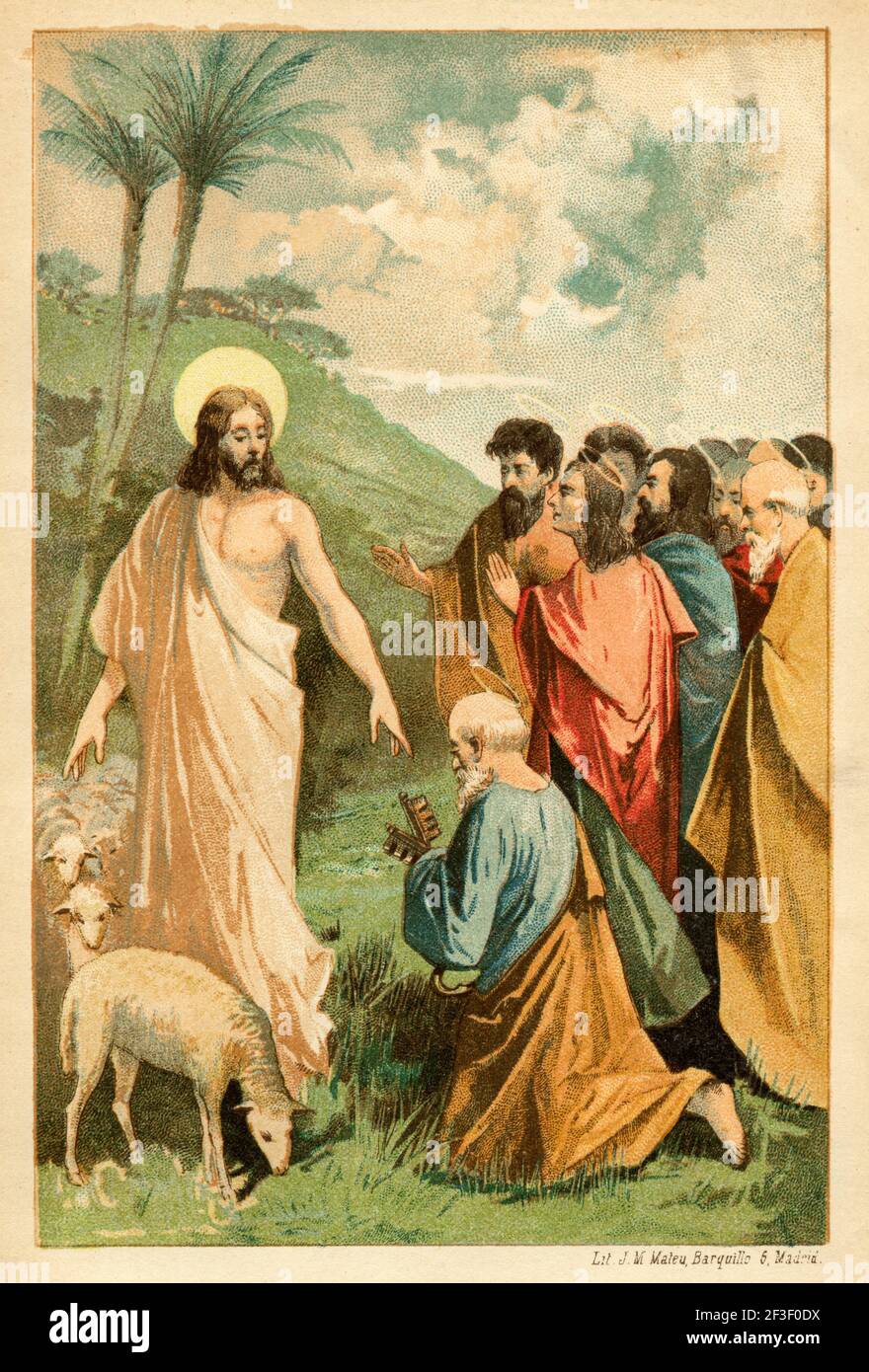 Der heilige Petrus erklärt, dass Jesus der Messias ist. Jesus gibt dem heiligen Petrus, Matthäus 16, die Schlüssel des Königreiches der Heve. Neues Testament. Alt 19th Jahrhundert Farblithographie Illustration von Jesus Christus von Veuillot 1890 Stockfoto