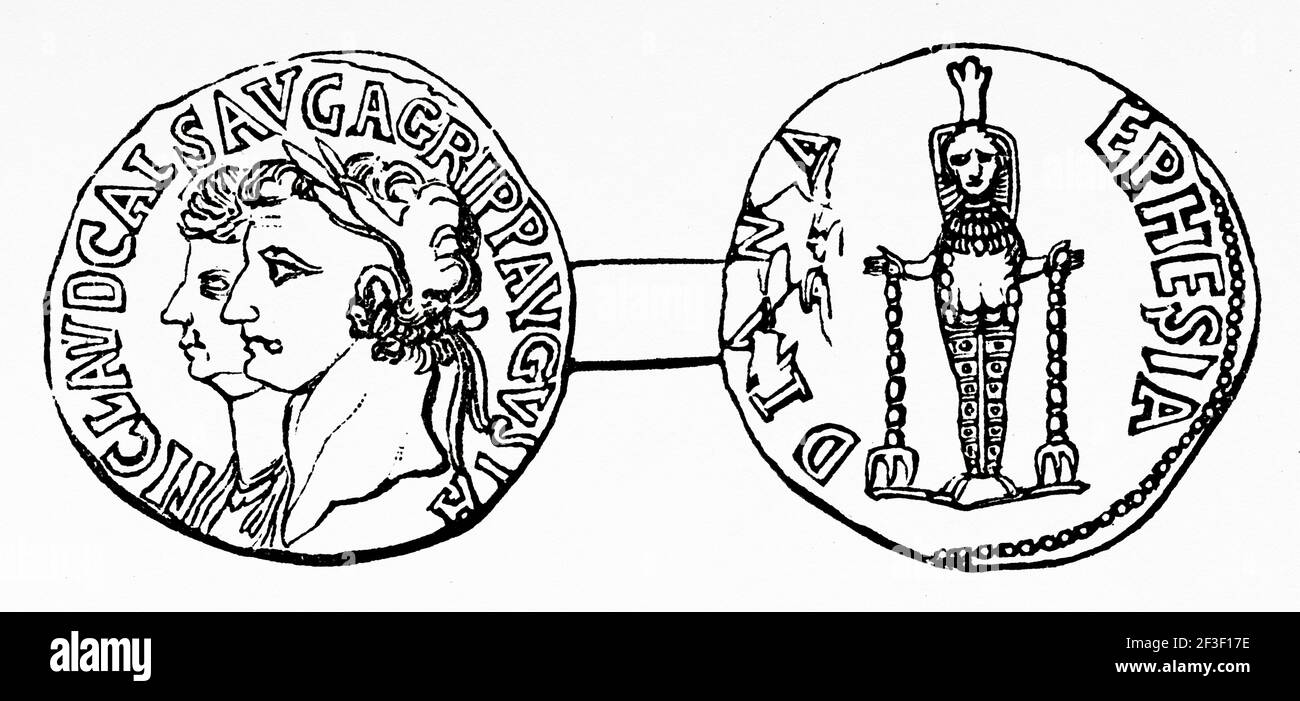 Büsten von Kaiser Cláudius und Agrippina. Darstellung des Idols von Diana in Ephesus. Alte 19th Jahrhundert gravierte Illustration von Jesus Christus von Veuillot 1890 Stockfoto