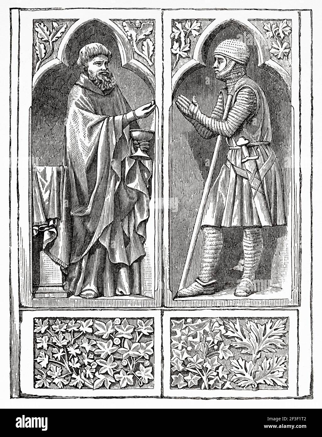 Ein Kreuzritter nimmt Kommunion vor dem Verlassen, 13th Jahrhundert. Bas-Relief Dekorationen der Kathedrale von Reims. Frankreich. Alte 19th Jahrhundert gravierte Illustration von Jesus Christus von Veuillot 1890 Stockfoto