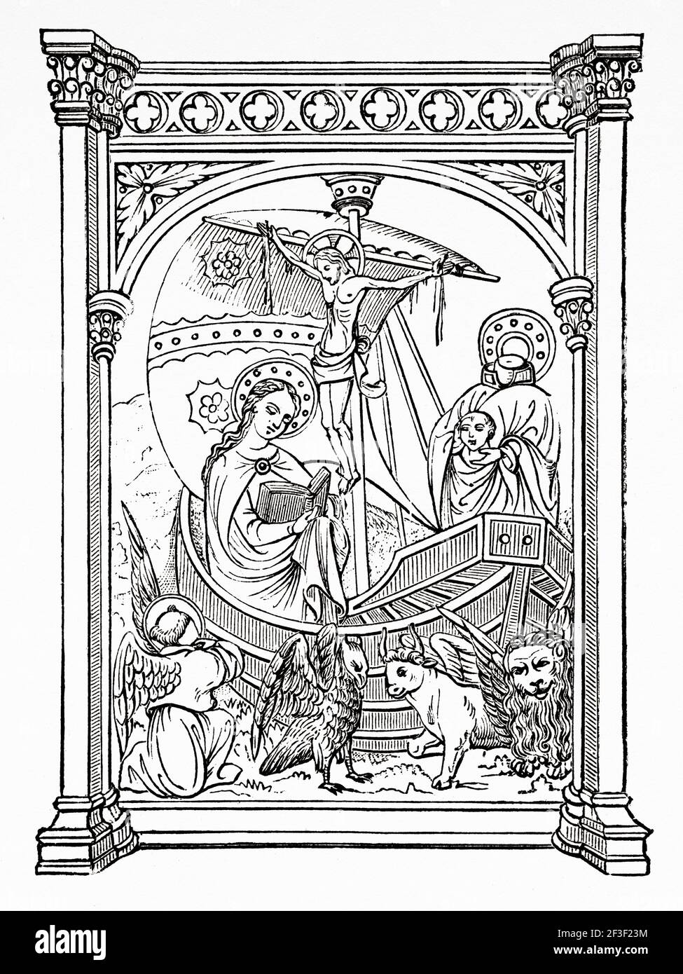 Mystisches Schiff der lateinischen Kirche. Moralised Bible (Bible moralisée) illuminierte biblische Handschrift aus dem Spätmittelalter (13th bis 15th Jahrhunderte) bestehend aus Versen aus der Bibel in Latein. Alte 19th Jahrhundert gravierte Illustration von Jesus Christus von Veuillot 1890 Stockfoto