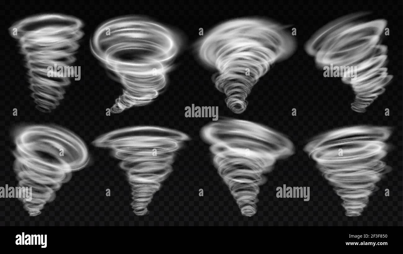 Realistischer Tornado-Sturmtrichter. Windsturm, Wirbelsturm und runde Wirbelspirale. Wirbelwind Wetter Elemente Vektor Illustration Set Stock Vektor