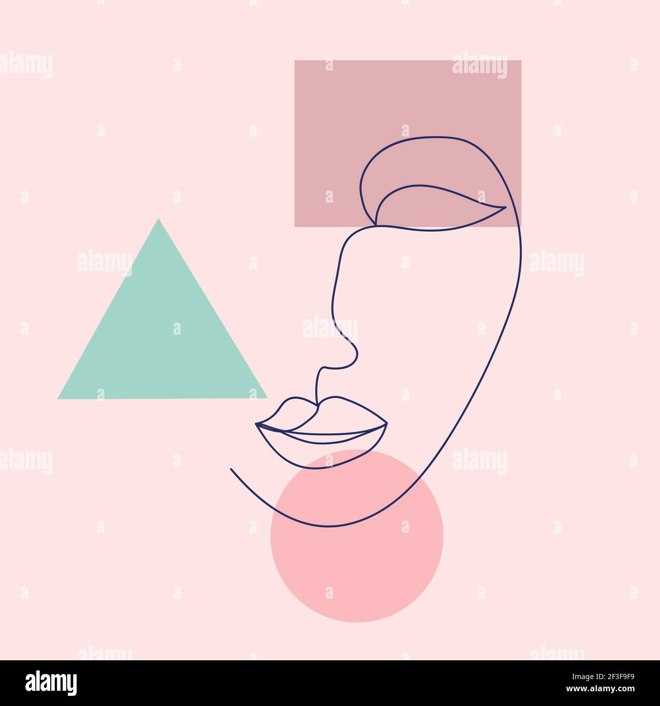 Minimalistisches Porträt des weiblichen Gesichts durch eine durchgehende Linie. Handgezeichneter abstrakter femininer Druck auf geometrischen Formen. Für Social Media, Beauty-Logos, POS Stock Vektor