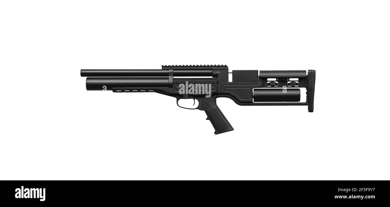 Modernes Luftgewehr Isolat auf weißem Hintergrund. Pneumatische Waffen für Sport und Erholung. Stockfoto