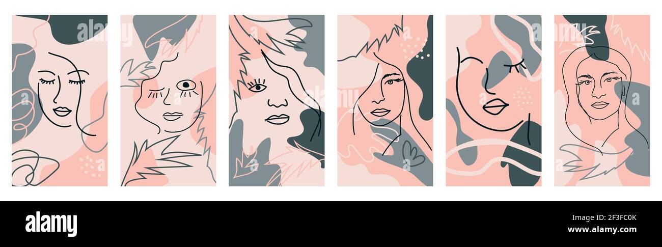 Set von Woman's Face Continuous Line Art. Abstract Zeitgenössische Collage von geometrischen Formen in einem modernen trendigen Stil Stock Vektor