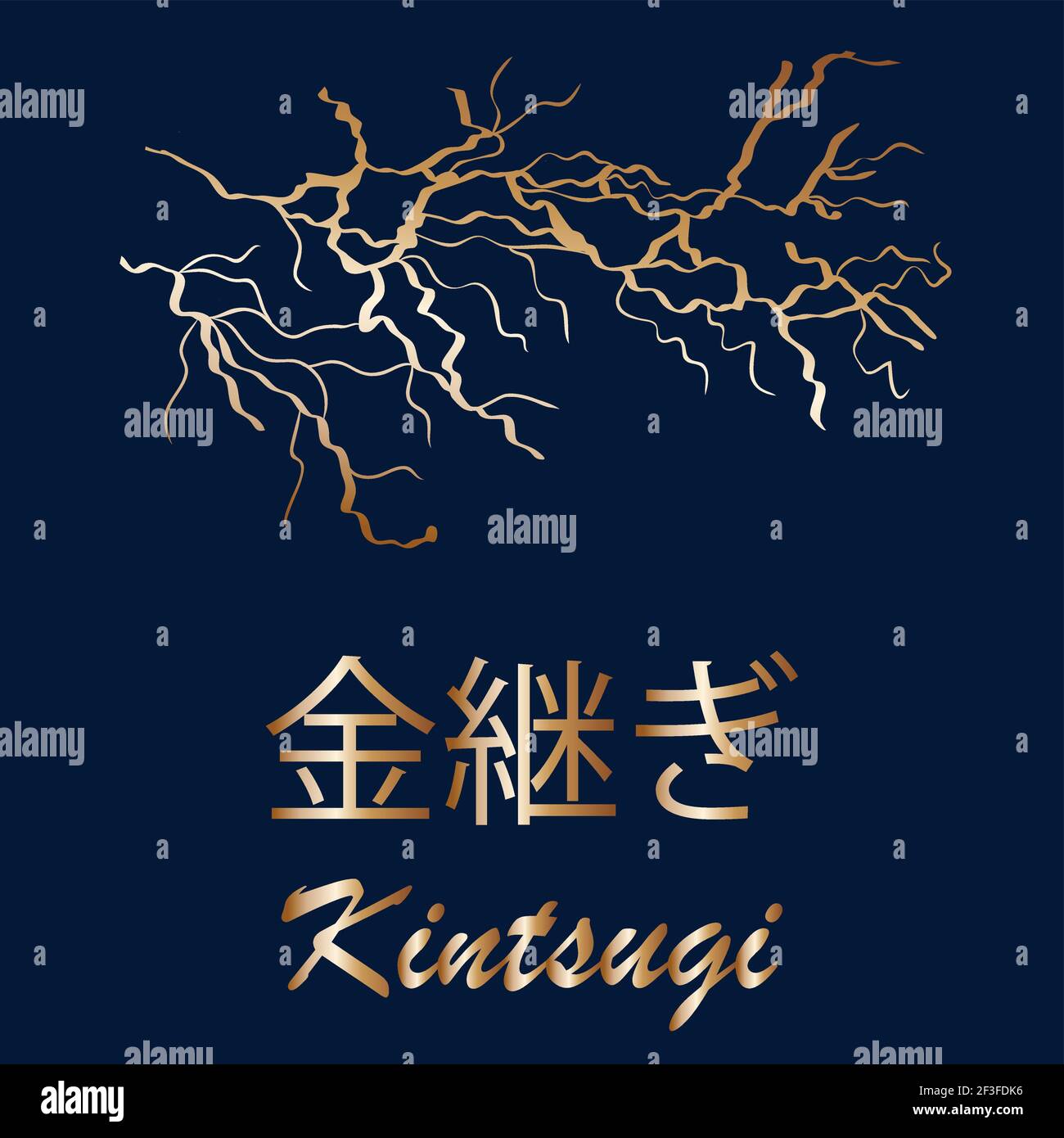 Gold Kintsugi Cover Design Vektor. Luxuriöse goldene Marmorstruktur. Riss und gebrochenen Boden Muster. Quadrat, Blitz, blau und weiß. Inschrift in Ja Stock Vektor