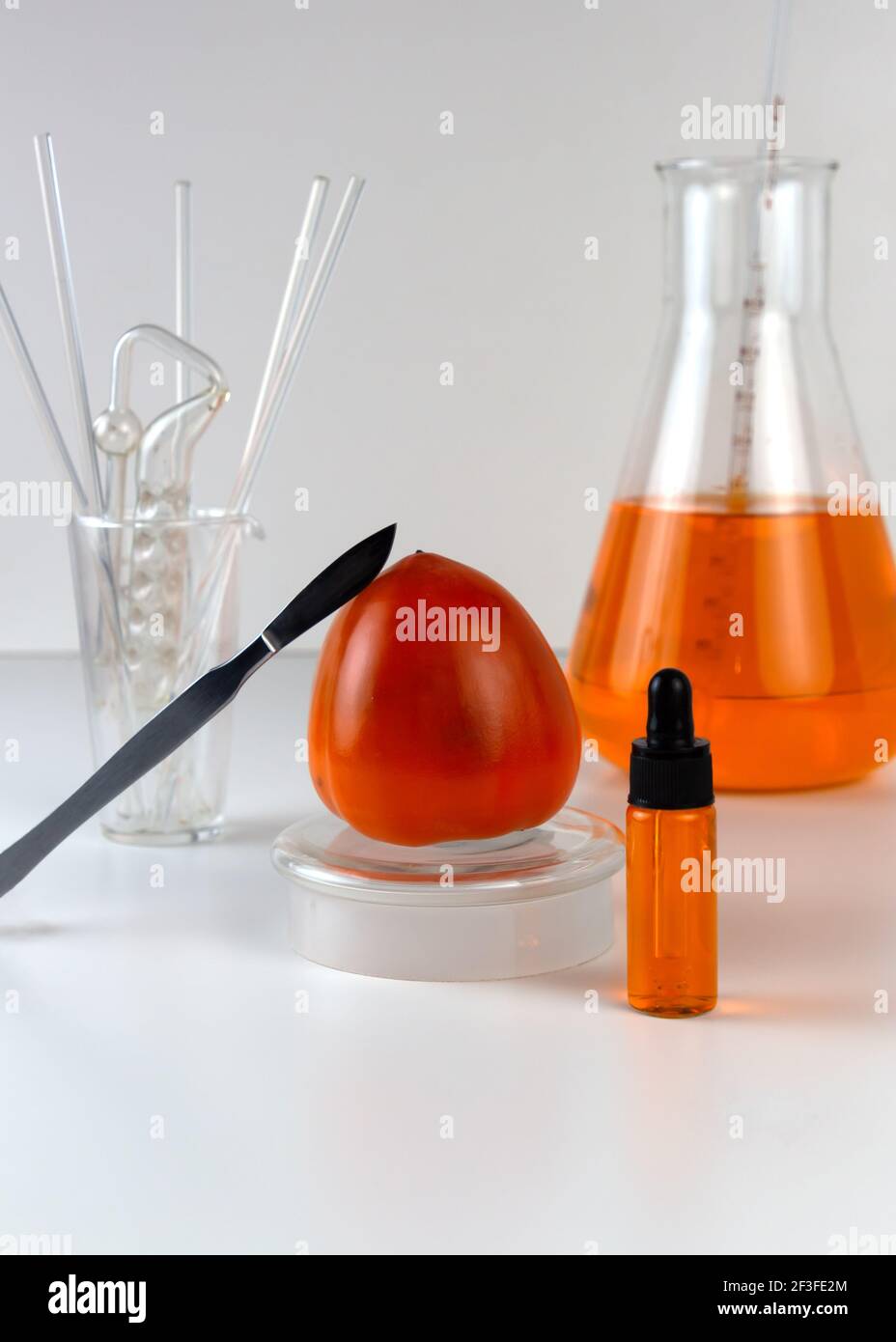 Reife Bio-Persimmonfrucht und Persimmonextrakt in Kosmetikflasche mit Tropf. Abstraktes chemisches oder kosmetisches Labor. Vertikale Aufnahme. Stockfoto