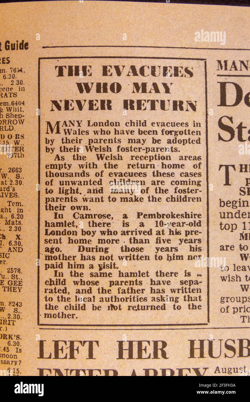 „die Evakuierten, die vielleicht nie zurückkehren“, erzählt die Geschichte von Kindern nicht Rückkehr nach Hause in der Tageszeitung Daily Sketch (Replik) vom 8 Mai 1945 Wir feiern den VE Day Stockfoto