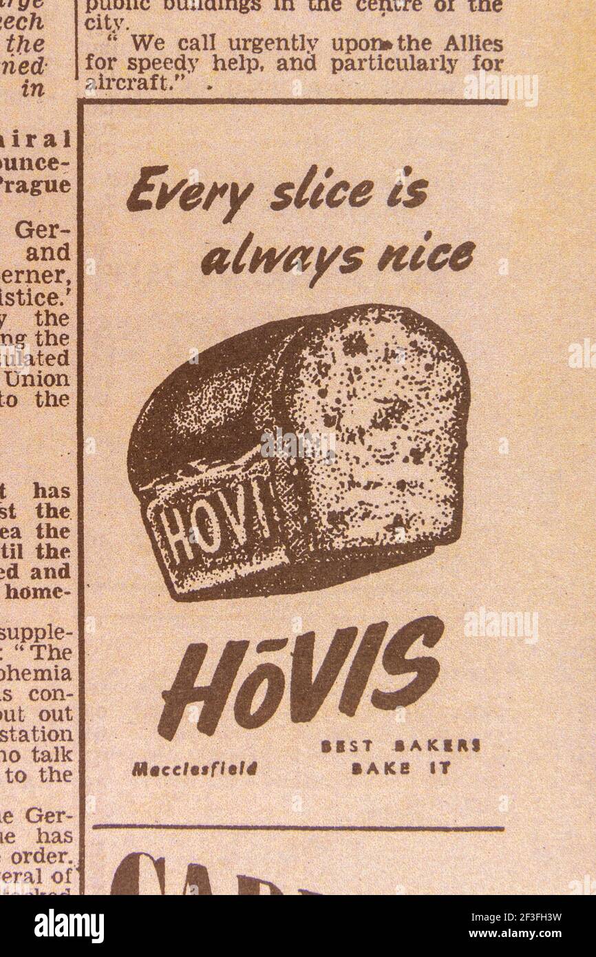 Anzeige für Hovis-Brot in der Tageszeitung Daily Sketch (Replik) vom 8. Mai 1945, die den VE-Tag feiert. Stockfoto