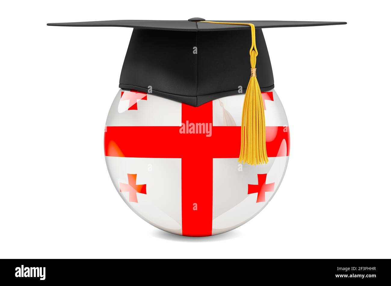 Bildung in Georgien Konzept. Georgische Flagge mit Graduierung Kappe, 3D Rendering isoliert auf weißem Hintergrund Stockfoto