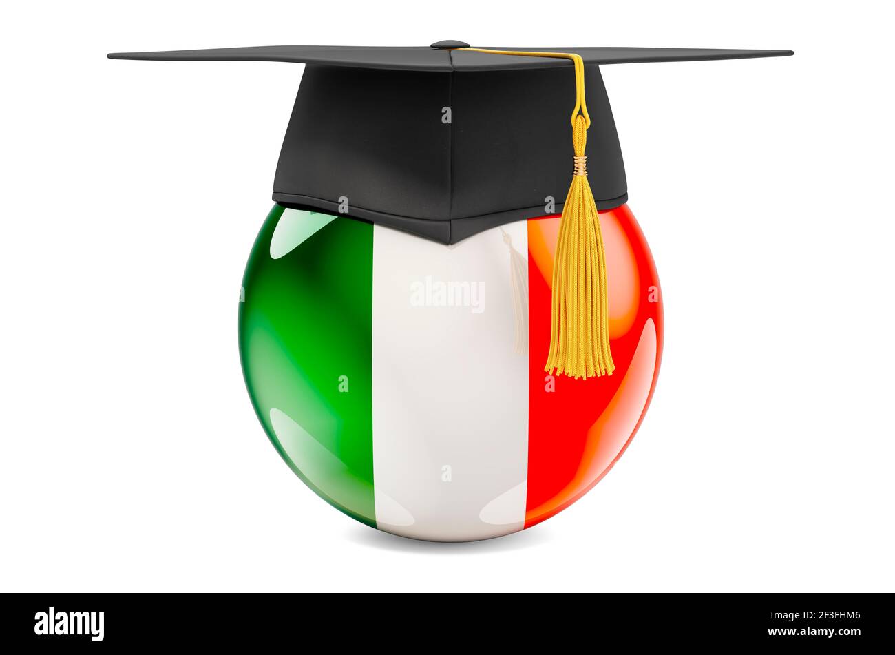 Bildung in Irland Konzept. Irische Flagge mit Graduierungskappe, 3D Rendering isoliert auf weißem Hintergrund Stockfoto