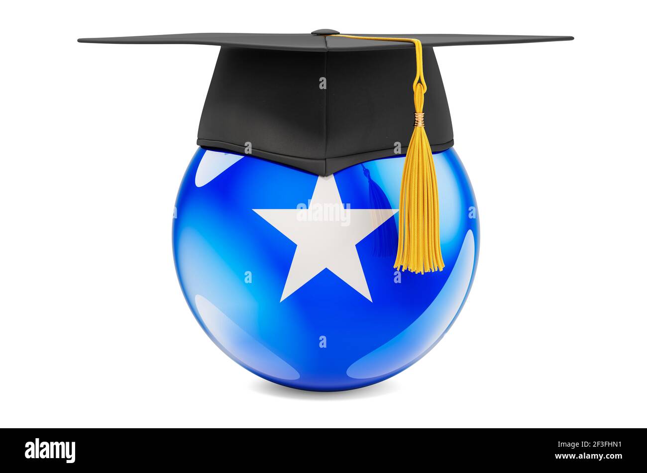 Bildung in Somalia Konzept. Somalische Flagge mit Graduierung Kappe, 3D Rendering isoliert auf weißem Hintergrund Stockfoto