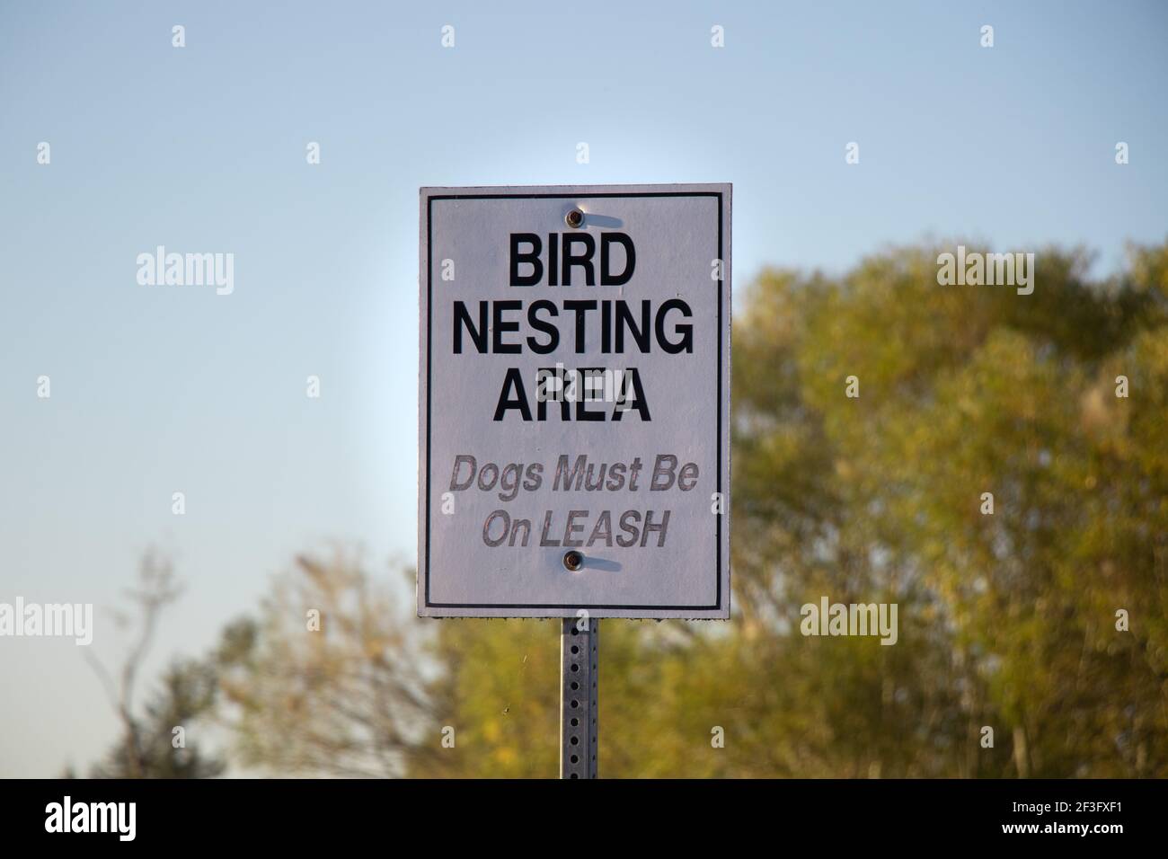 Blick auf Schild Vogelnesting Bereich, Hunde müssen auf Leash in Courtenay, Kanada sein Stockfoto